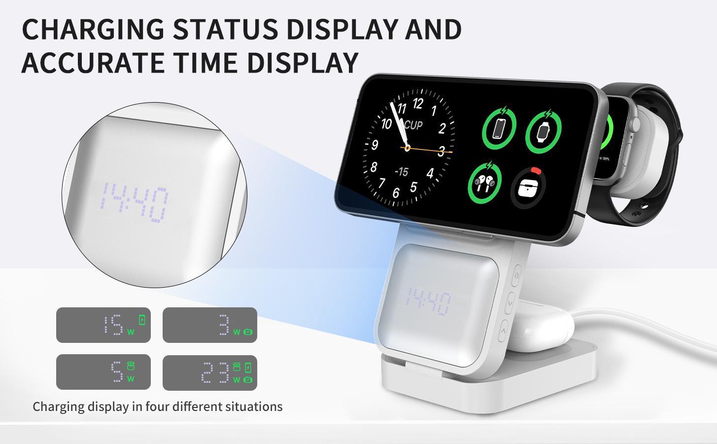 S1-A Folding 3-in-1 Magnetic Wireless Charging Station with Digital Clock - Fast Qi Charger for Qi-Enabled Cellphones, Wearables & Earbuds, Desk & Travel Portable Electronic Accessories Dock Stand