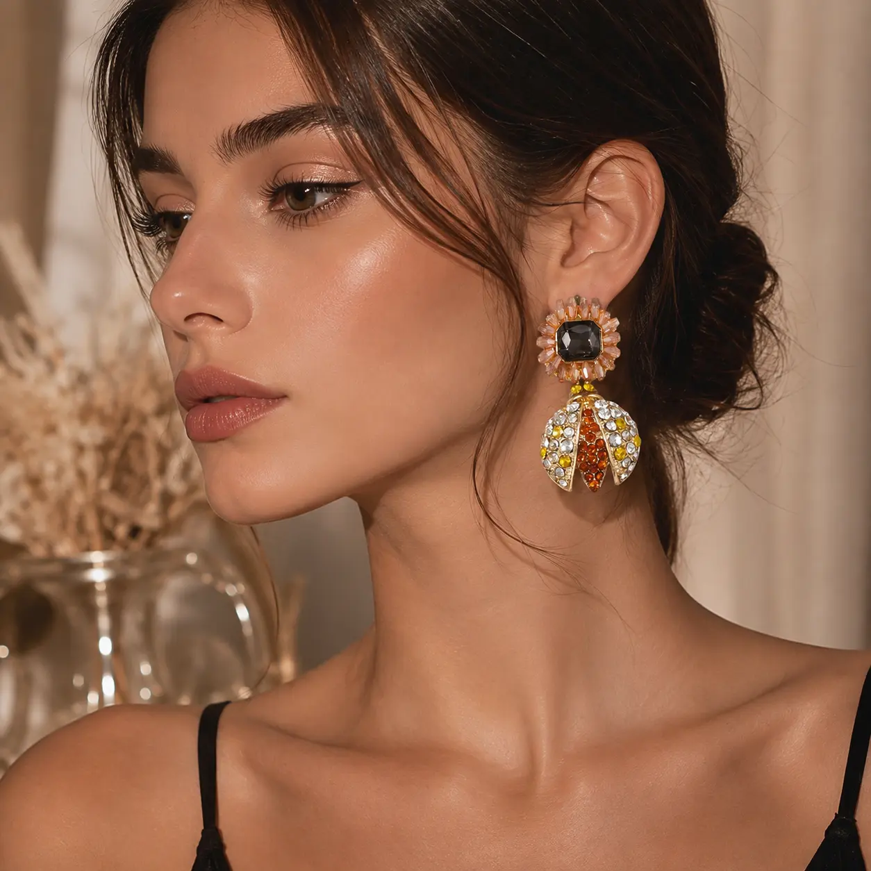 Women's Rhinestone Insect Drop Earrings, Beetle-Inspired Gold-Tone Dangle Statement Earrings, Sparkly Fashion Jewelry for Party, Wedding Guest, Holiday & Daily Outfits, Gift for Her,Eye-Catching Insect Design,Unique Gift for Her