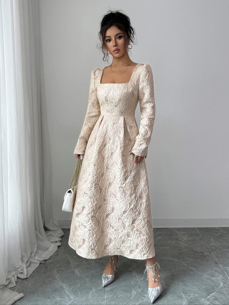 Elegante Vintage Rose Embroidered Square Neck Long Dress, Waist Cinched Skinny Party Date Night Gown, Women's Fashion