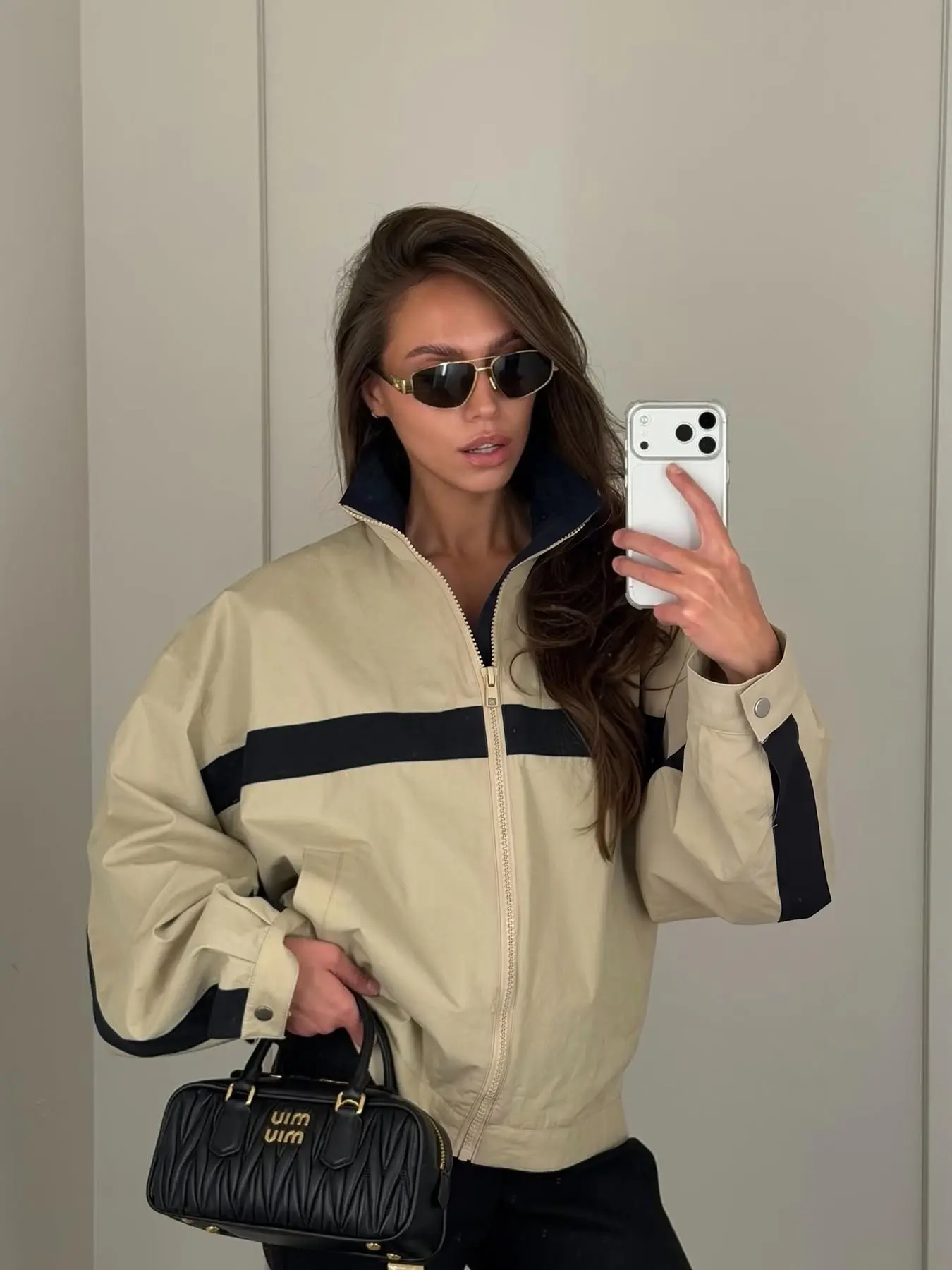 Women's Casual Jacket for Fall Winter, Colorblock Zipper Loose Fit, Stand Collar Long Sleeve Coat, Stylish Outerwear for Daily Wear