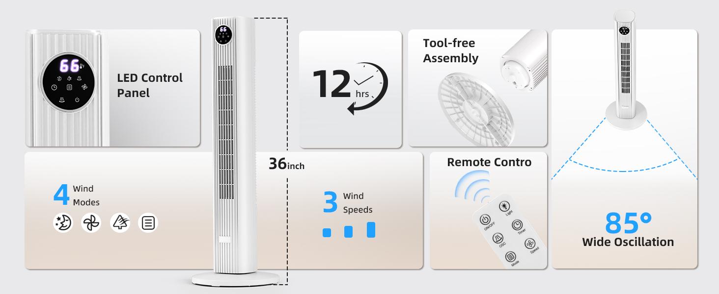 【NOT AC】Antarctic Star Tower Fan Portable Electric 85° Oscillating Fan with Remote Control, Quiet Operation, 3 Speed Settings & 12H Timer, Bladeless Standing Floor Fan for Bedroom & Office[No Cooling] [No Temperature Adjustment]