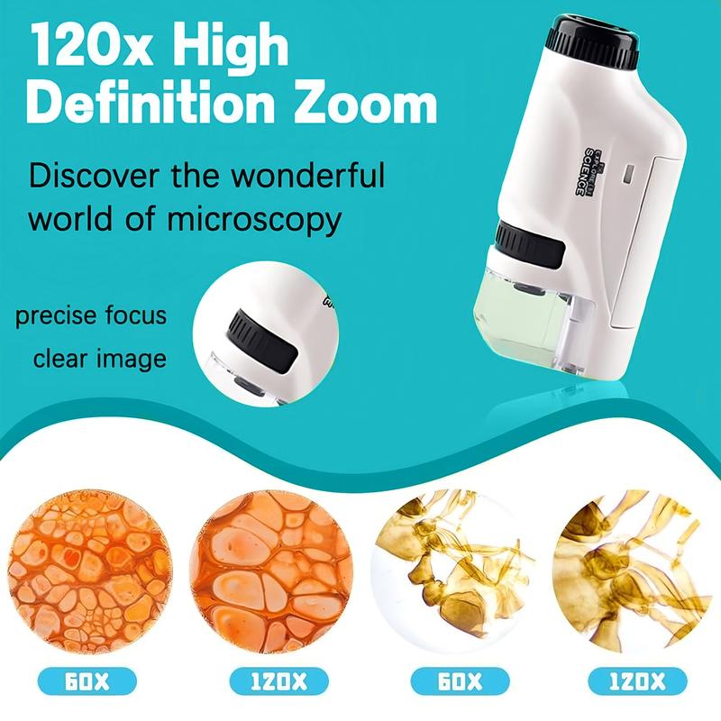 Portable Handheld Microscope, 1 Count Batteries Required 60X-120X Mini Pocket Microscope with LED Light, High Definition Microscope for Preschool Home Study, Visual Learning Tools