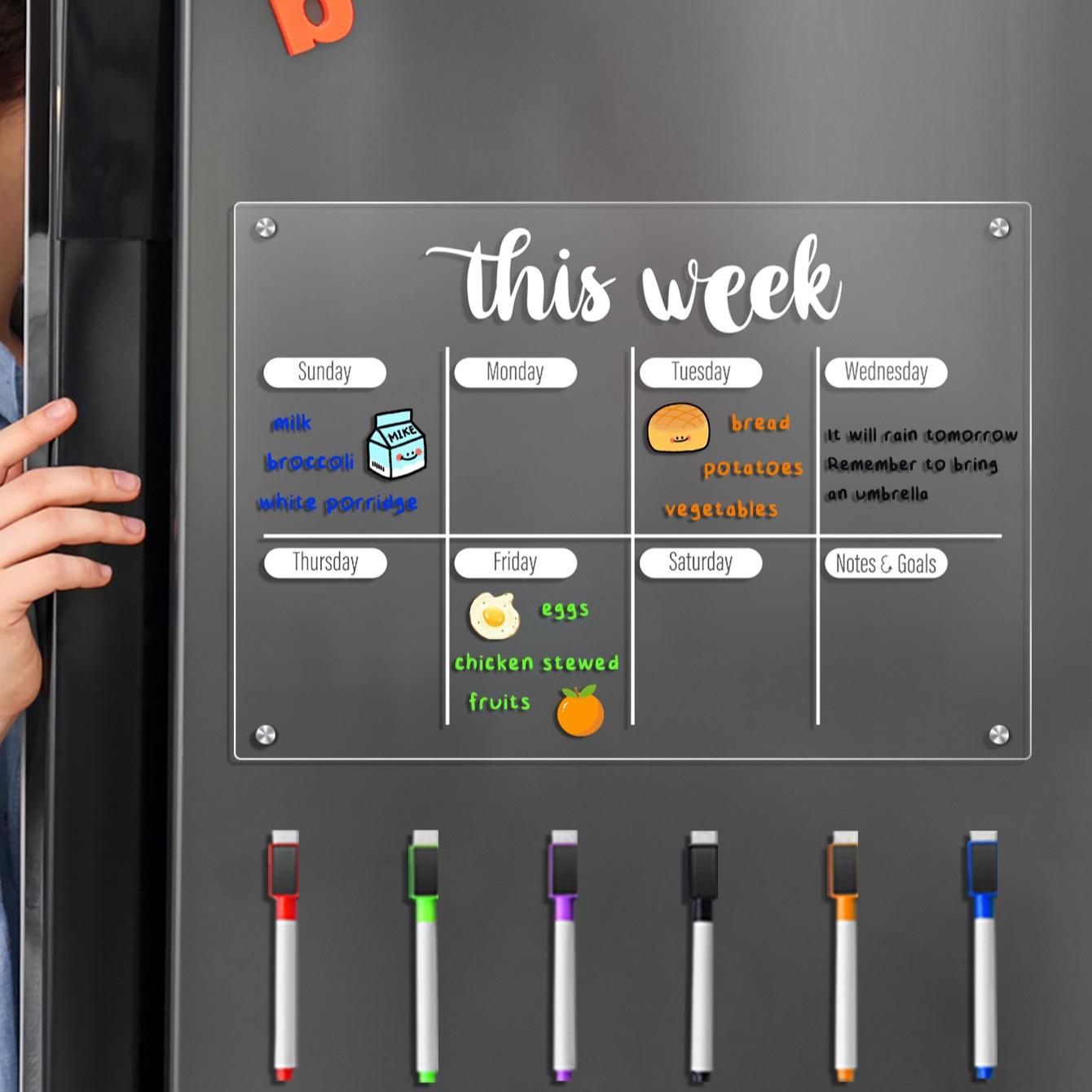 Transparent Acrylic Magnetic Refrigerator Fridge Calendar Magnetic Weekly Planner Board, Erasable Schedule Organizer, Home Memo Board with Multicolor Pens, Includes 6 Magnetic Whiteboard Pens