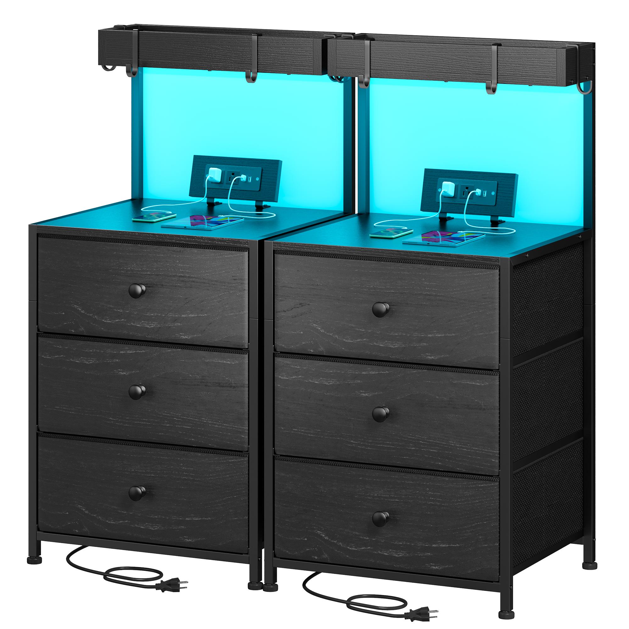 LED Nightstand Set of 2 with 3 Fabric Drawers & Shelf & Hooks, Tall Nightstand with LED & Power Outlet , End Table with Charging Station, Bed Side Table for Bedroom Furniture, White, Black, Rustic Brown