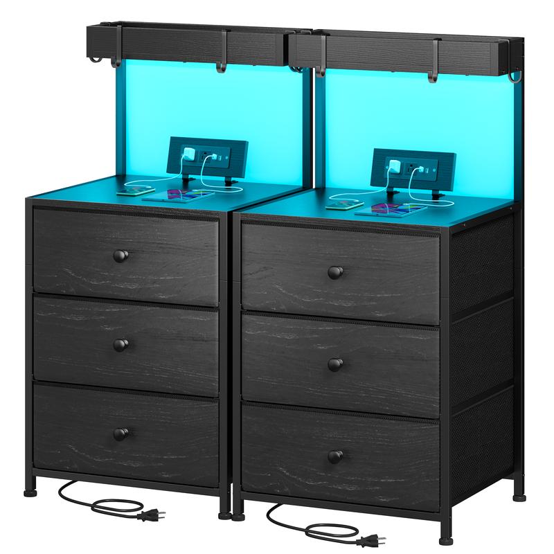 LED Nightstand Set of 2 with 3 Fabric Drawers & Shelf & Hooks, Tall Nightstand with LED & Power Outlet , End Table with Charging Station, Bed Side Table for Bedroom Furniture, White, Black, Rustic Brown