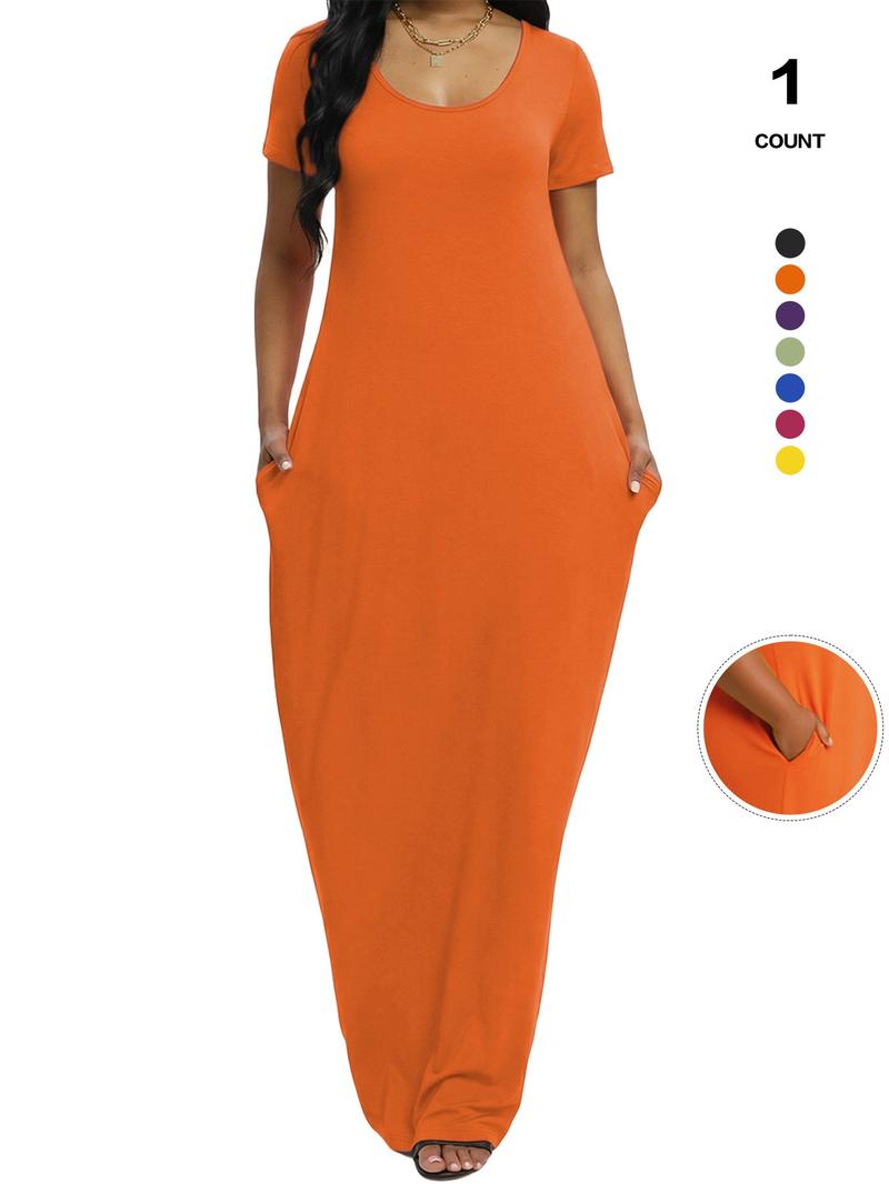 Plus Size Women's Solid Color Dress, Sexy Round Neck Short-Sleeved Long Dress, European and American Summer New Arrival, Casual Style