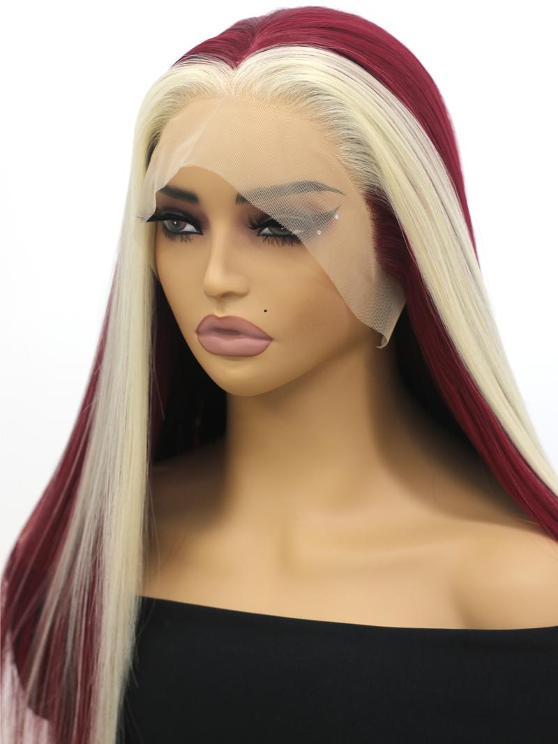 13x4 Long Red And Blonde Straight Lace Front Wigs Wine Red And Honey Blonde Skunk Stripe Wigs Middle Parting Heat Resistant Fiber Hair For Women 26 Inch, Lace Glueless Wig