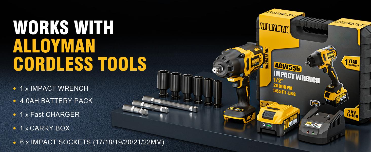 Alloyman 1/2 inch Impact Wrench Cordless, Max Torque 555 Ft-lbs 20V Brushless Motor 2000 RPM, with 6 Sockets, 3 Extension Bars, 4.0 AH Li-ion Battery and 1 Hour Fast Charge, Gifts for Perfect Christmas and New Year Idea