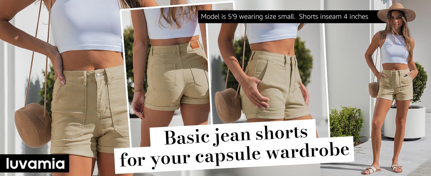 luvamia Jean Shorts for Women Trendy High Waisted Fold Hem 4 Inch Inseam Stretchy Denim Shorts Summer Casual Jorts