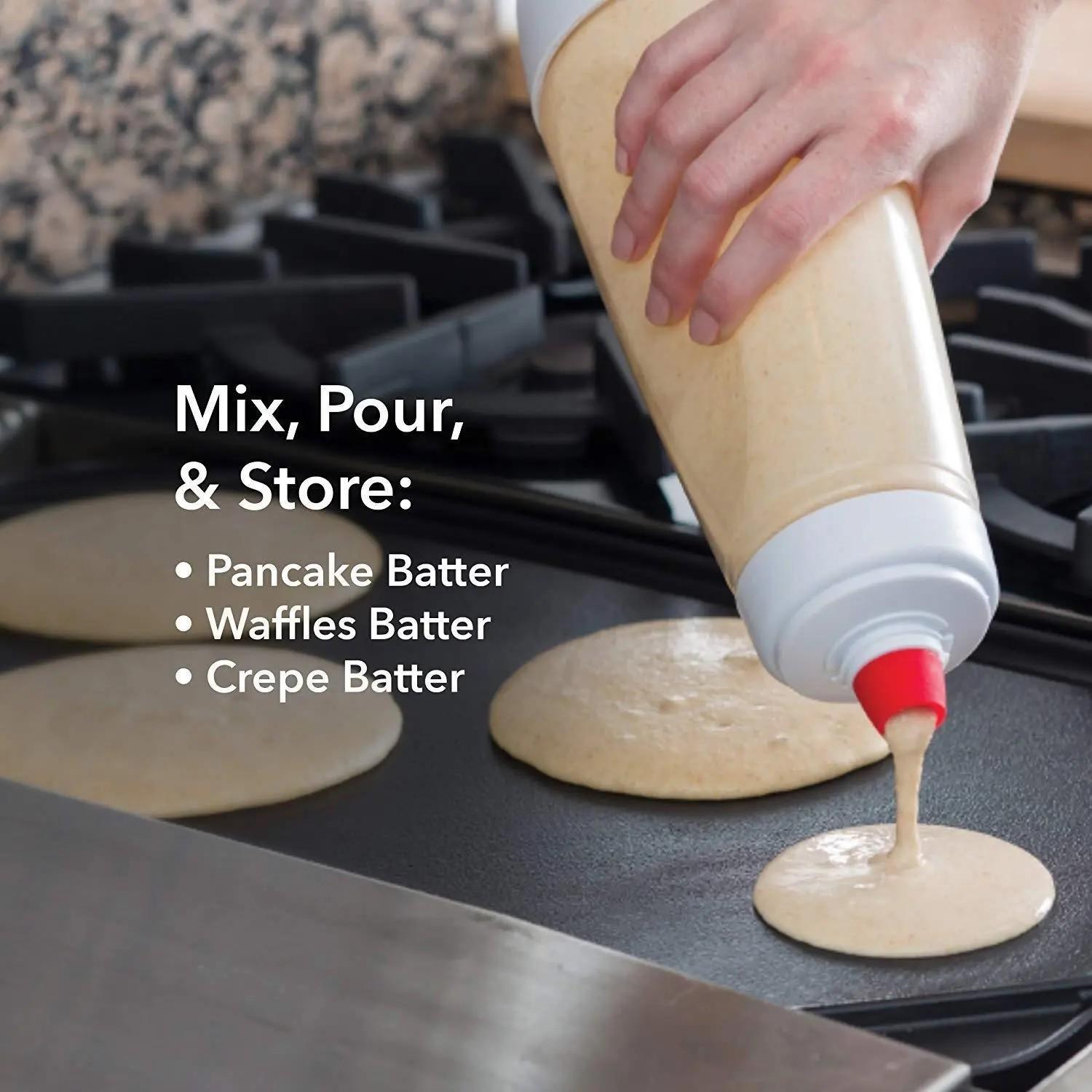 Pancake Batter Dispenser Bottle and Mixer with Blenderball, Easy Pour Spout, 4.5 Cup Capacity, Reusable Plastic Silicone, Kitchen Bakeware