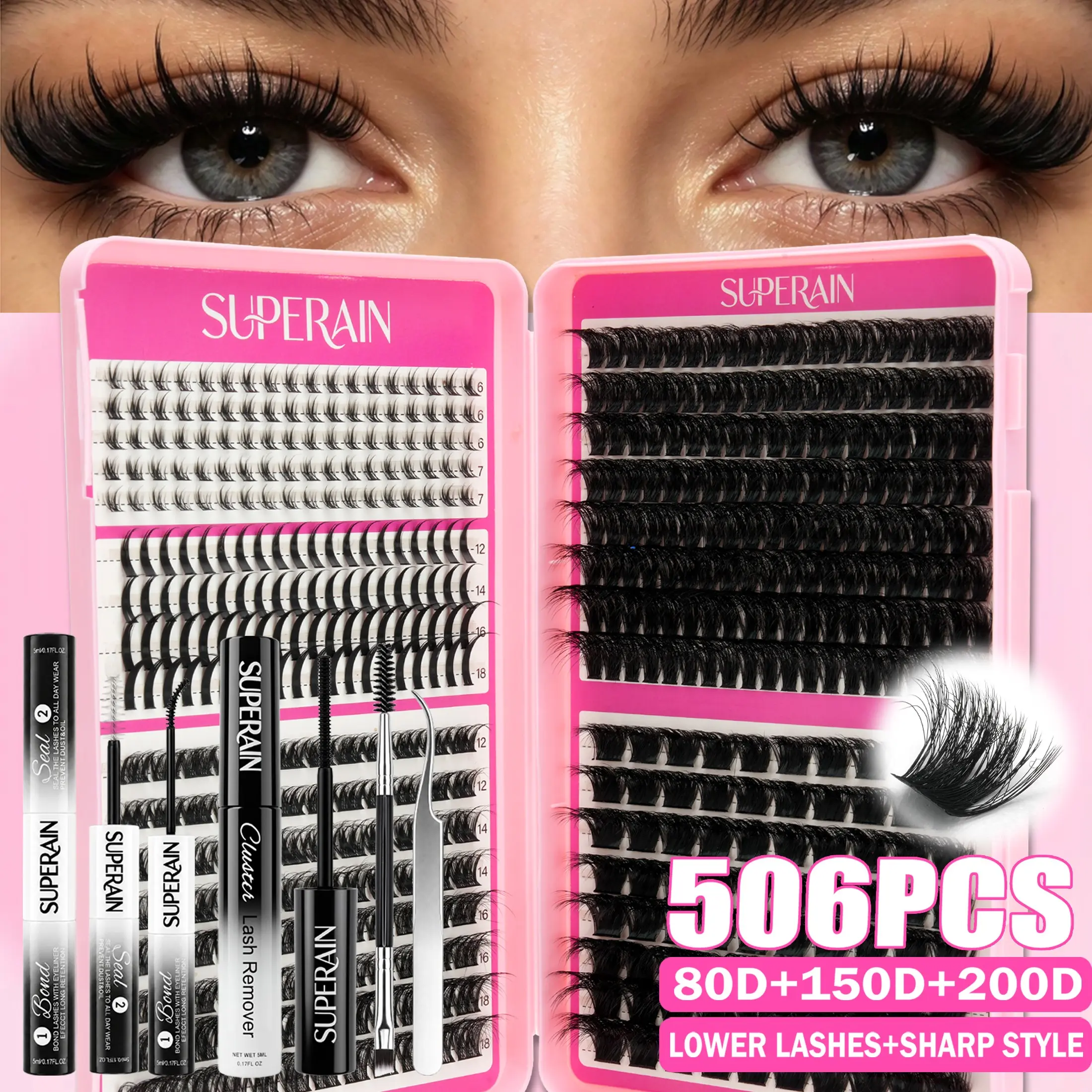 506 Pcs False Lashes Book, Thick Dense Upper Lashes, Short Fine Lower Lashes, DIY Kit with Glue Tweezers, Perfect for Photoshoots, Stage, Parties, Holidays