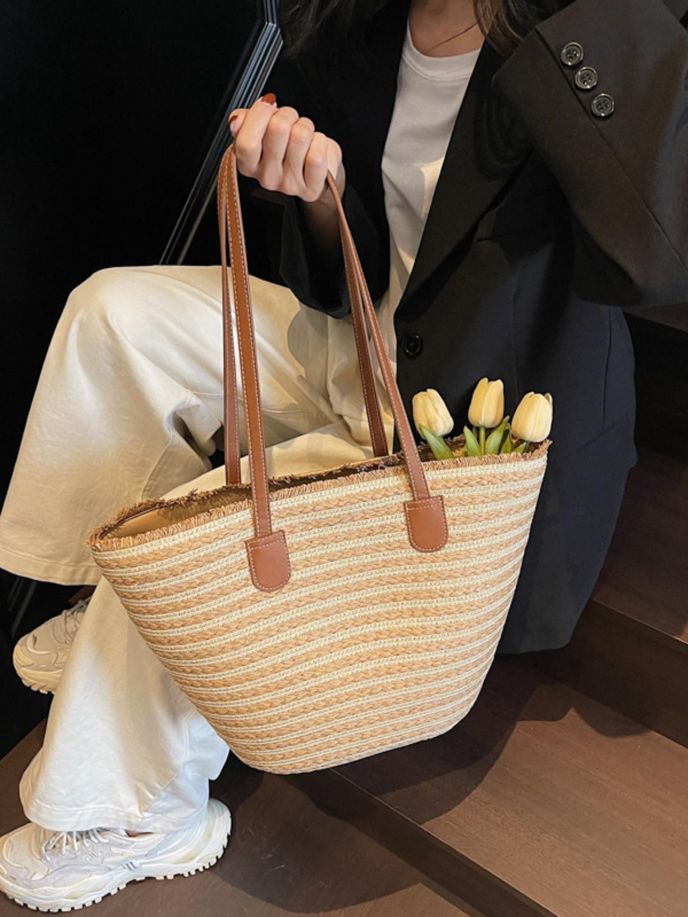 2026 New Casual Simple Large Capacity Bag, Beach Vacation Straw Basket Bag, Striped Shoulder Tote Bag, Elegant Style