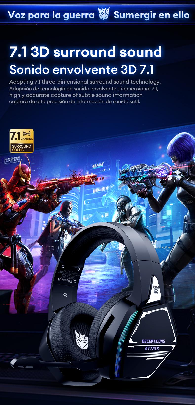 Transformers TF-G10 Wireless Gaming Headsets 2.4G+Bluetooth Compatible Headphones, High-Fidelity Surround 7.1 Audio Earphones with Noise Canceling Mic, Low Latency Gaming & Music Dual Mode