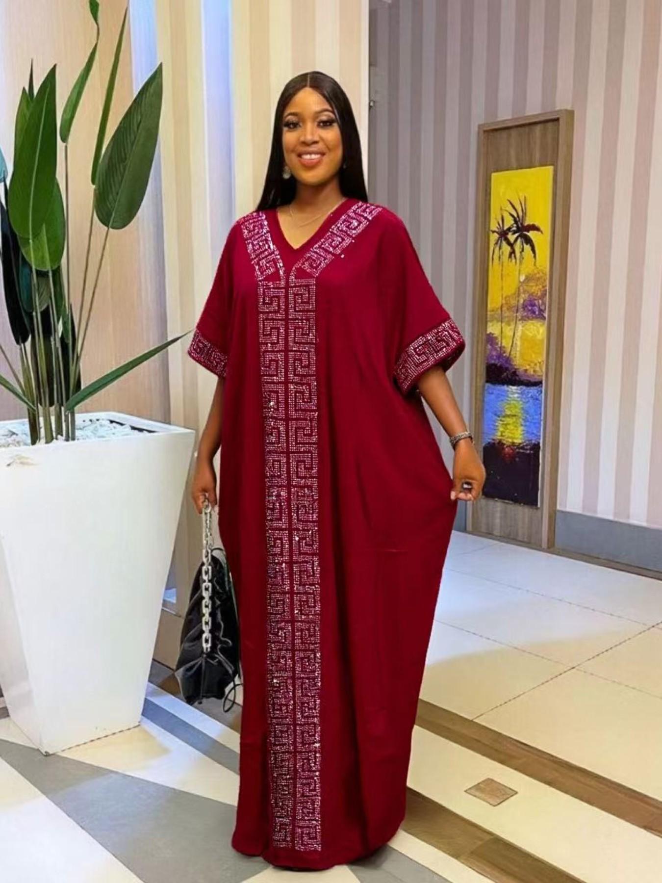 2026 African Nigerian Style Women's Islamic Clothing Rhinestone Loose Boubou Kaftan Dress, Elegant Solid Color, Muslim Ethnic Robe with Matching Scarf & Pockets, Daily Party Wear