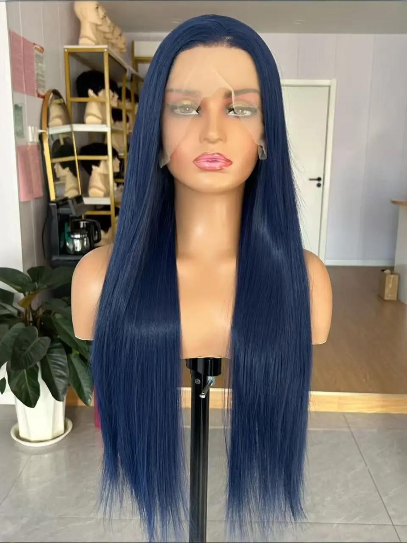 28-Inch Deep Blue Straight Wig for Women, Soft Lace Front, 180% Density, Pre-Plucked, No Glue, Heat Resistant, Daily Use