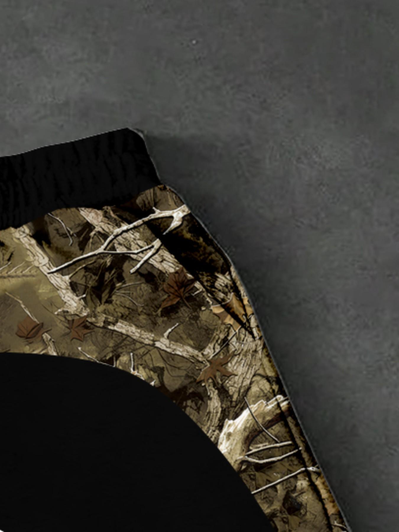 Men Wilderness Realtree Leaf Camo, Camouflage Curved Side Panel Splicing Printed Wide Leg Sweatpants Adjustable Drawstring Elastic High Waist Streetwear Bottoms Y2K Outdoor Hunting Hip Hop Utility Style Trousers For Forest Hiking Daily City Commute