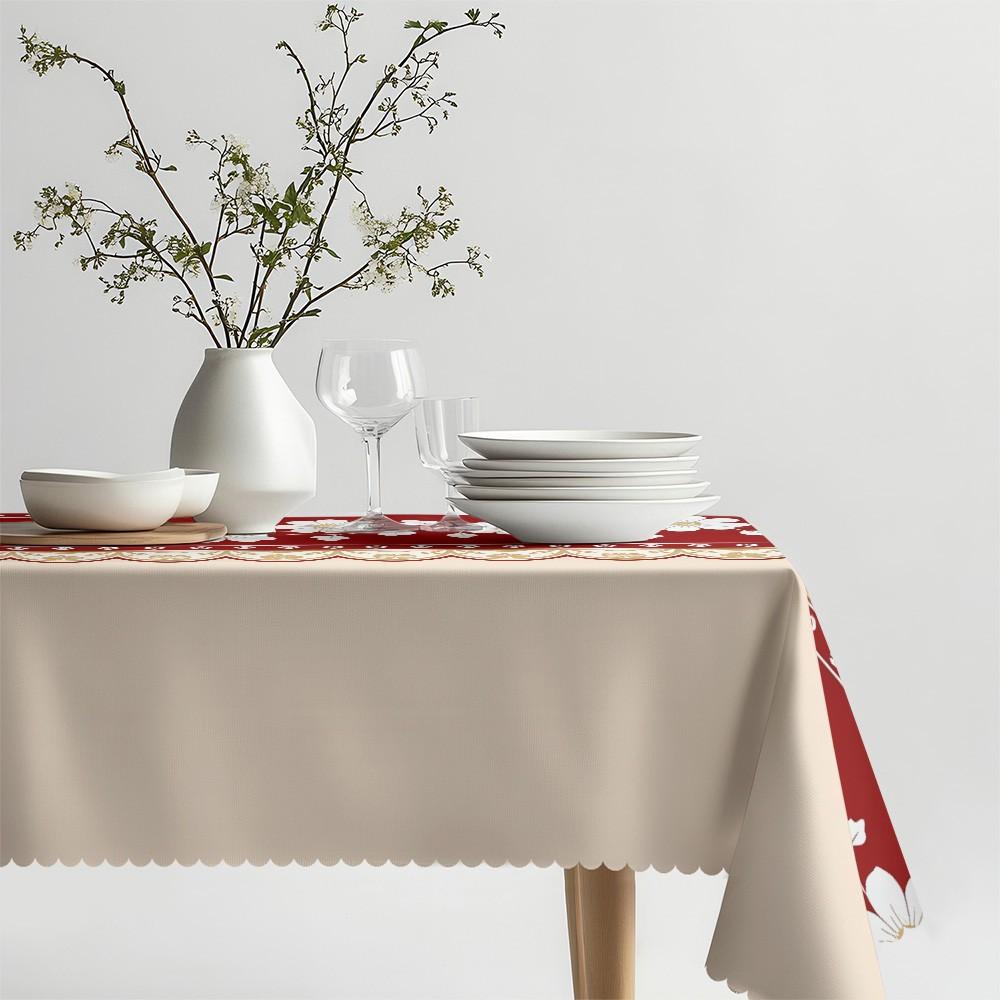 Rectangular Light Beige Tablecloth, with Red Floral-patterned Gold-bordered Table Runner, Perfect for Cozy Homey Dining Area, Elegant Design, Premium Fabric, Enhances Dining Ambiance