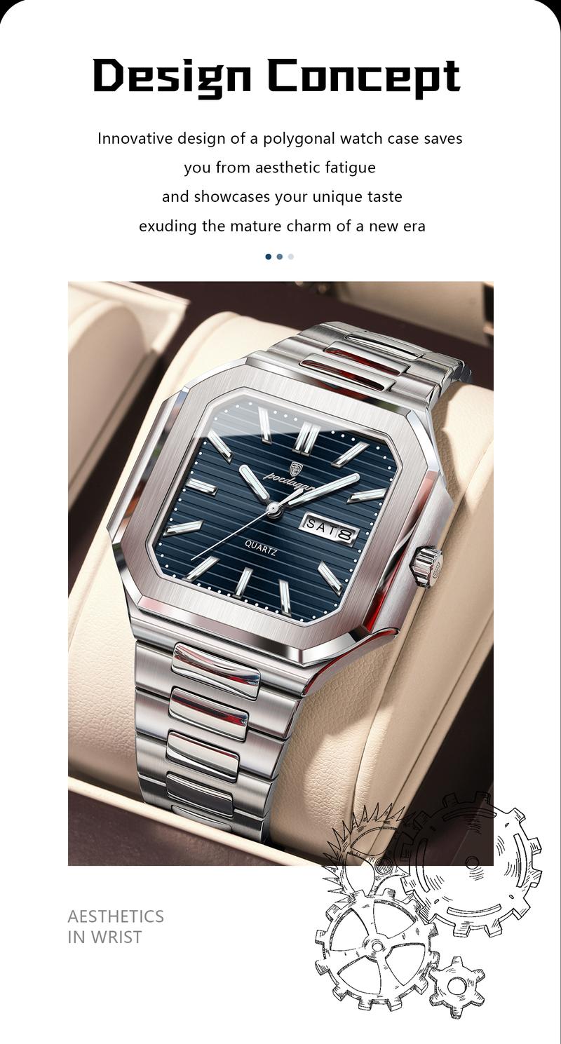 Poedagar square luxury fashion men's waterproof quartz watch, with luminous date and day display, stainless steel men's watch Square dial wristwatch
