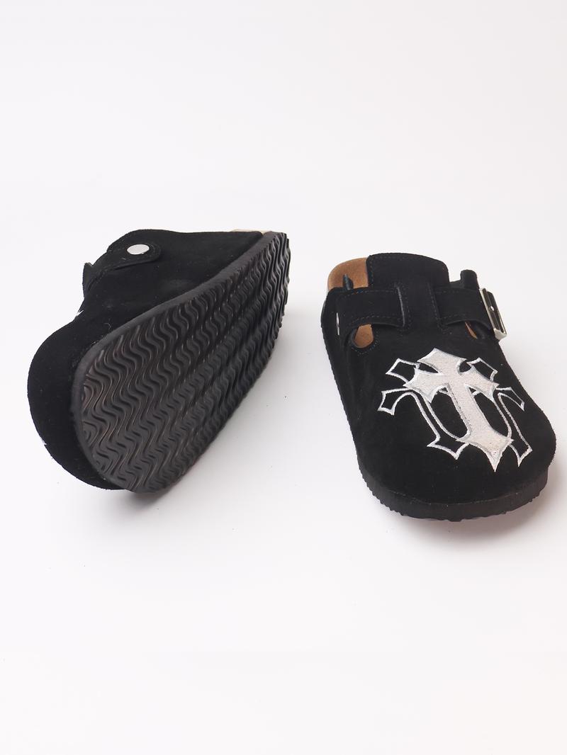 Embroidered Leather Sandals, Punk Style Cowhide Mules, Men's casual clogs Shoe Less Than Ankle Height, All Seasons, Rubber Sole Material, Stylish Punk Clogs