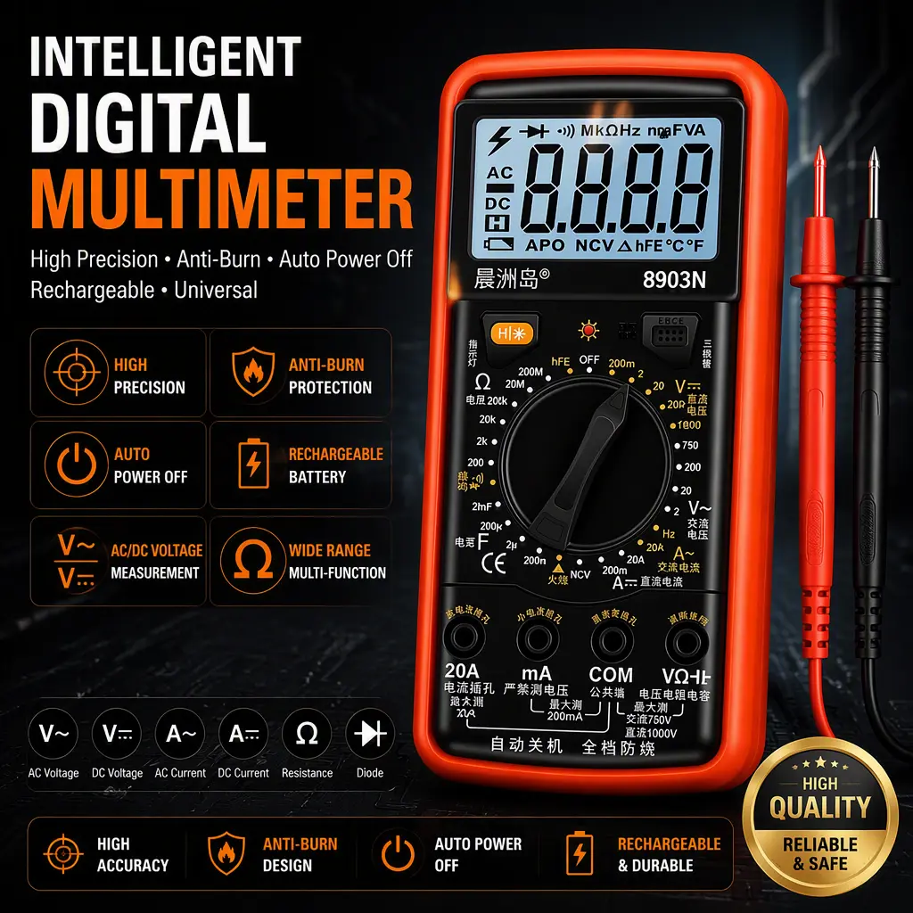 Portable Digital Multi‑Meter Rechargeable Type, Full‑Range Anti‑Burn Multimeter, Auto‑Off Multi‑Tester for AC DC Voltage Current Resistance Capacitance