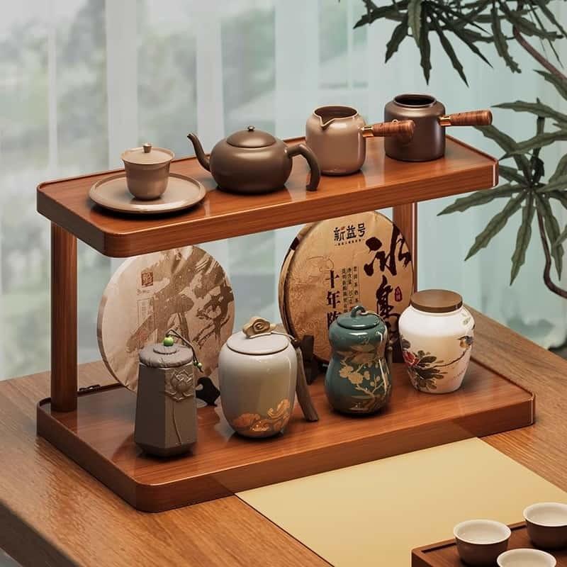 Desktop Tea Cup Storage Rack, Small Antique Display Shelf, Oriental Yixing Teapot Stand, Tea Set Placement Holder