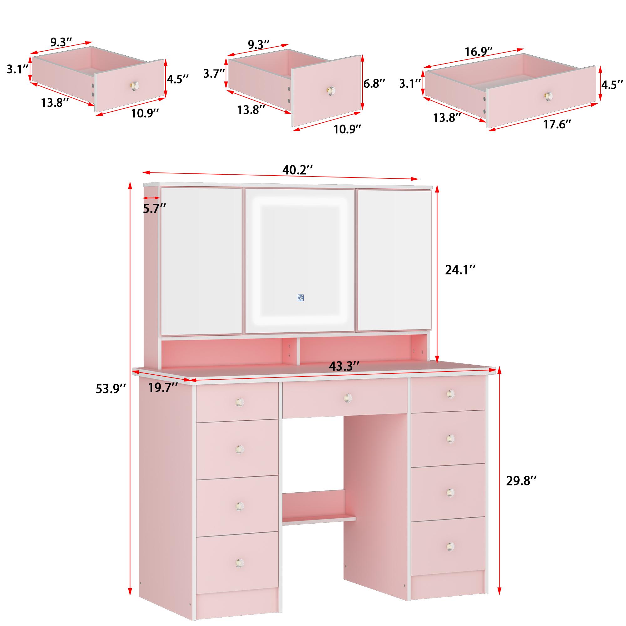 FUFUGAGA-43.3"W Vanity Desk With 9 Drawers, Makeup Desk With 3-Mirror And Touch Screen Light, Dressing Makeup Table For Bedroom