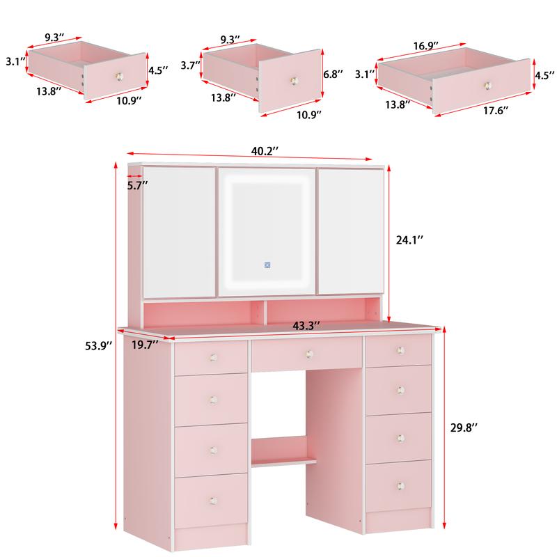 FUFUGAGA-43.3"W Vanity Desk With 9 Drawers, Makeup Desk With 3-Mirror And Touch Screen Light, Dressing Makeup Table For Bedroom
