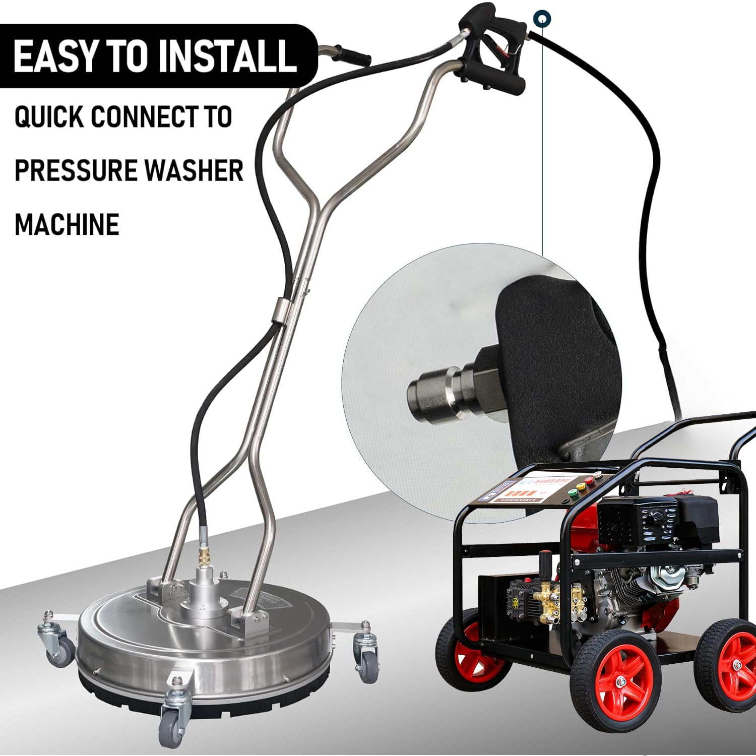 Pressure Washer Surface Cleaner, Stainless Steel Surface Cleaner with 4 Wheels for Driveways, Pathway, Sidewalks, Patios, Decks, with 3/8" Quick Connector Kit Hose Industrial