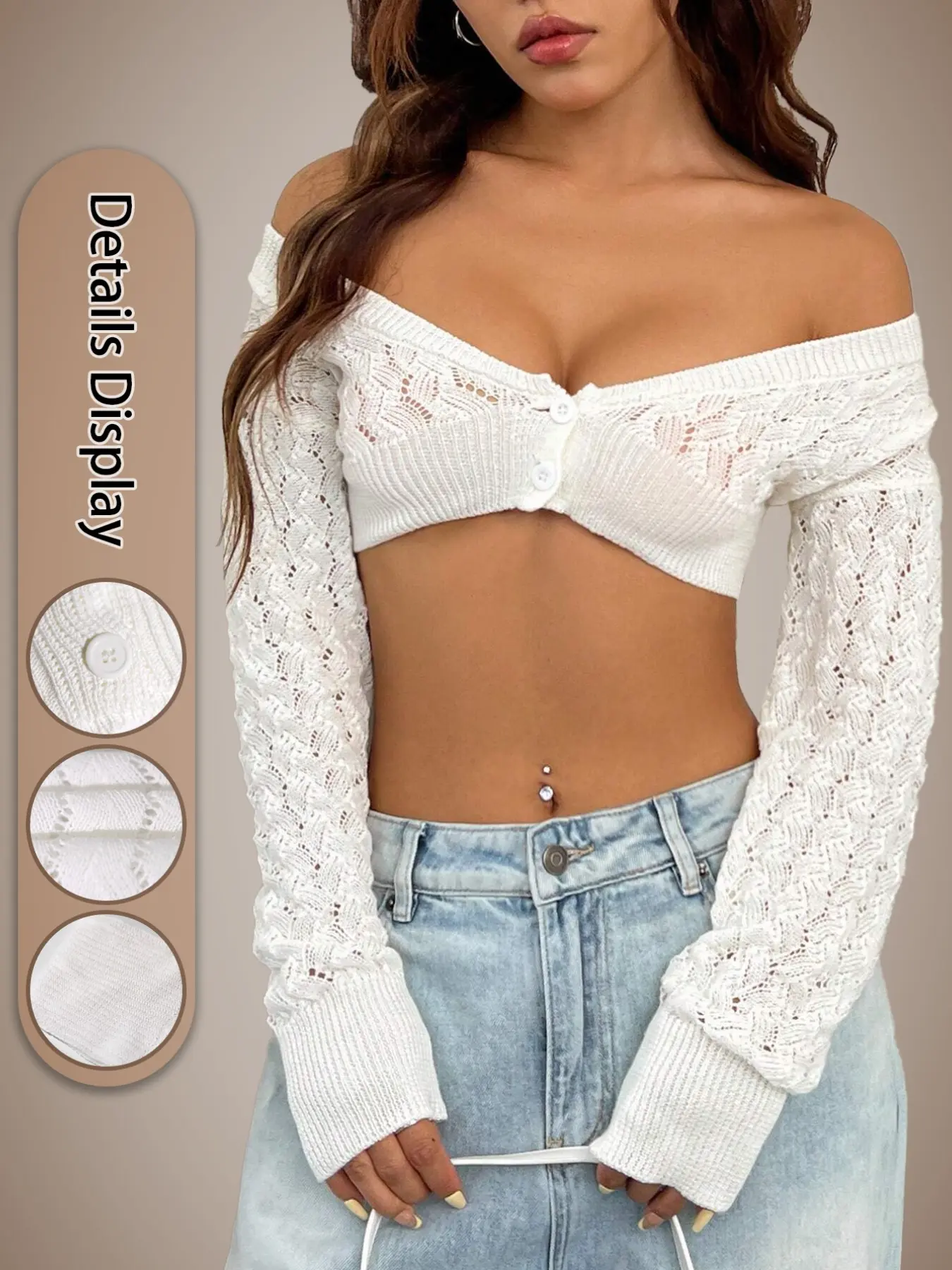 Women's Sexy Fashion Lace Knit Short Top, Knitwear, V Neck Long Sleeve Button Front Waist Cutout, Y2K Style for Beach, Brunch, Party, Date, Night Out