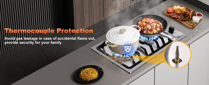 12 Inch Drop-In 2 Burner Gas Cooktop Stainless Steel NG LPG Convertible Propane Range RV Stove Built-In Cooktop GH001-122S-J