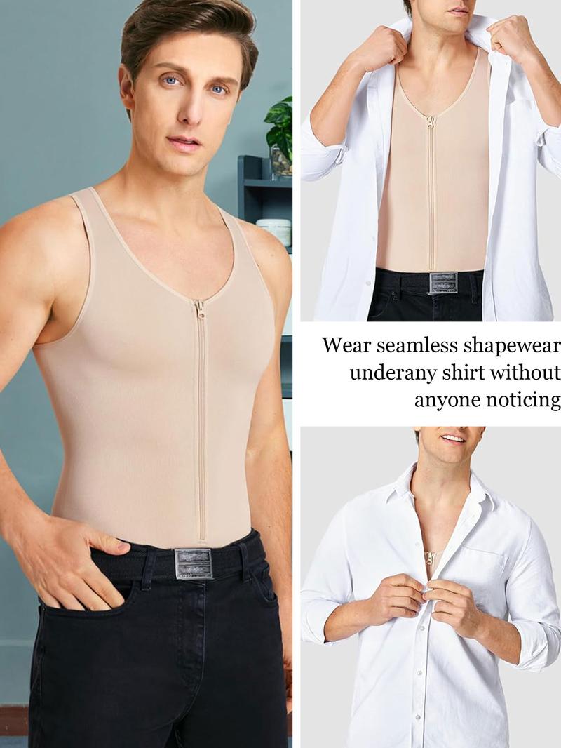 Men's Solid Zipper Bodysuit, Adjustable Zipper Shapewear, High Stretch Tummy Control Shapewear for Men, Compression Shirts Full Body Shapewear for Men