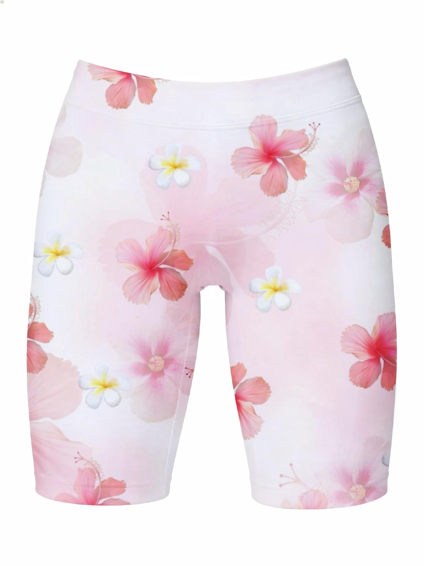 Summer Tropical Hibiscus Print Oversized Tee With Casual Shorts, Vacation Girlish Outfit