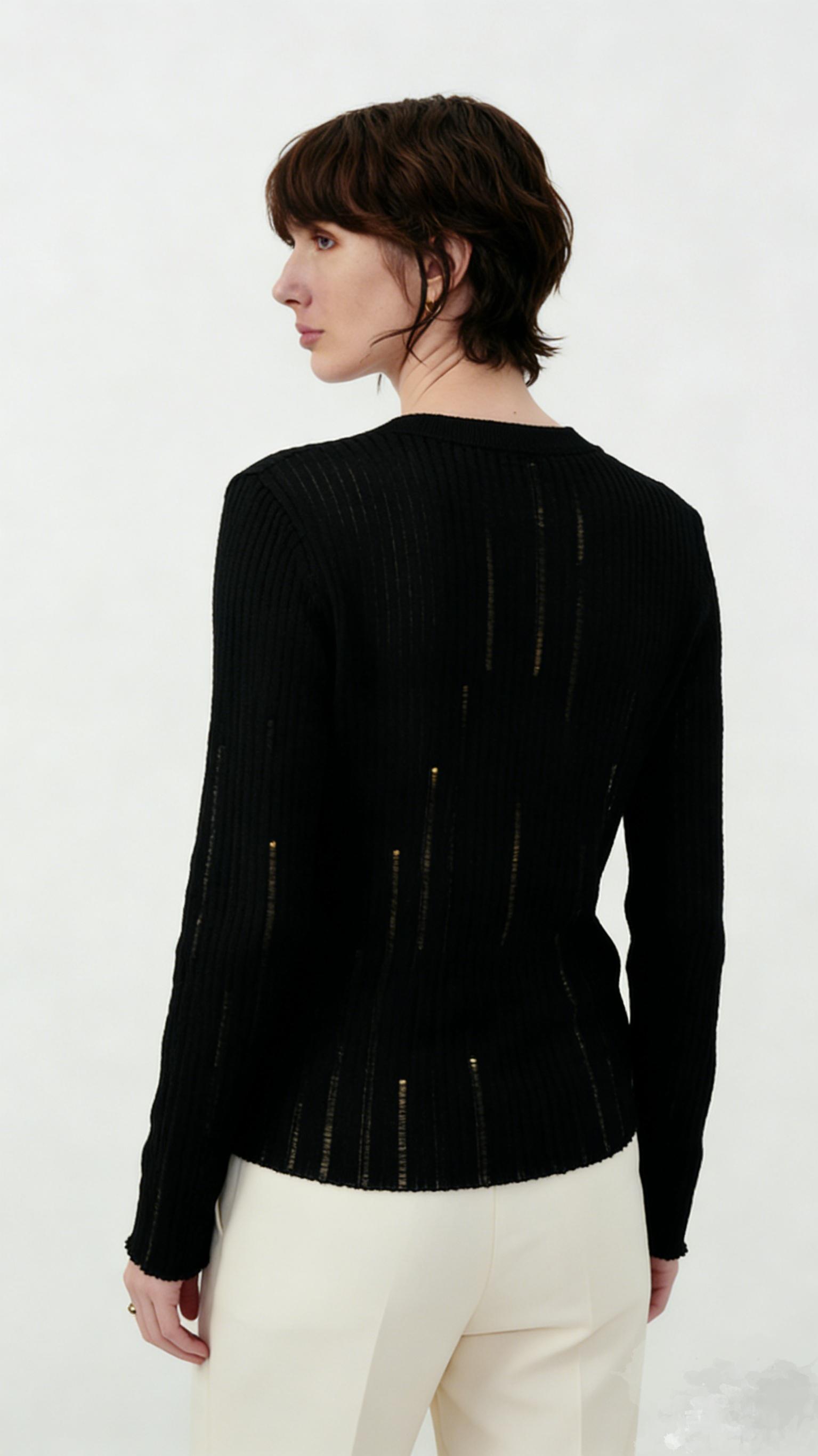 2026 Spring Summer Black Distressed V-Neck Ribbed Knit Top, Hollow Long Sleeve Sweater,Edgy Distressed Black Knit Sweater, Punk Rock Style, Minimalist & Sexy Fashion