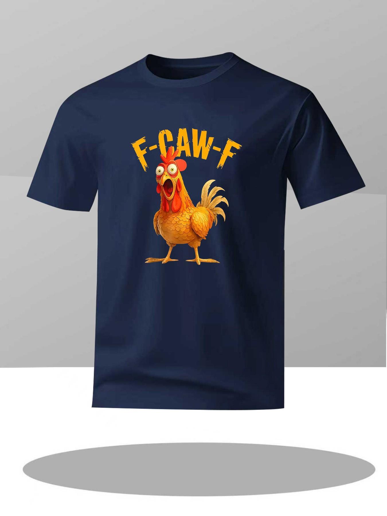 Men's Summer Short Sleeve T-Shirt, Cartoon Rooster Print, F-Caw-F Letter Design, Round Neck, Casual Long T-Shirt, Geometric Pattern
