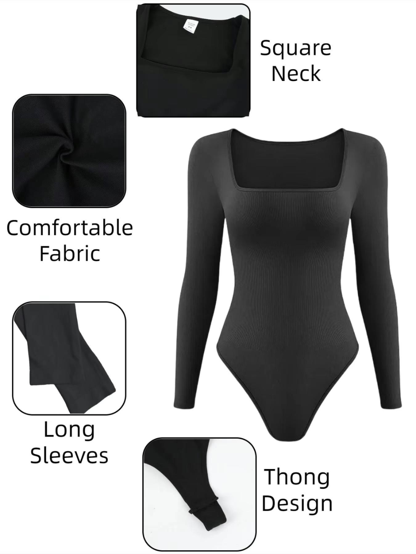 Women's solid knit long sleeve square neck shapewear bodysuit, slim fit, stretchy fabric, tummy control, Tummy Tuck Bodysuit, butt lifting design, comfortable breathable shaping wear, curve enhancer, perfect for daily casual, work, dates, parties