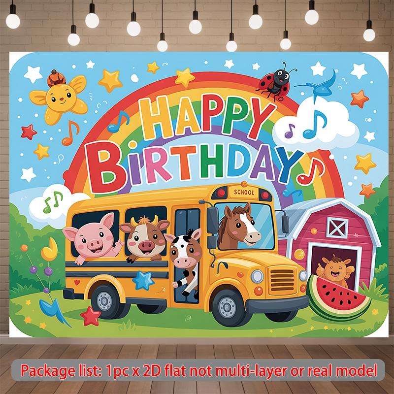 2D flat banner, 1pc Happy birthday with animals bus. Background Decoration Background Photo Props, Polyester Banner Decor, Home Decor, Room Decor, Wall Decor, birthday Party Background Decor, Party Decor/supplies/gifts Decorative Background