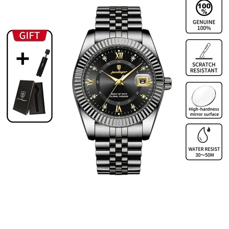 POEDAGAR Men's Quartz Watch Waterproof Date Week Night Light Watch Stainless Steel Men's Watch Men's Clock Sport Reloj Fashionable Waterproof Watch