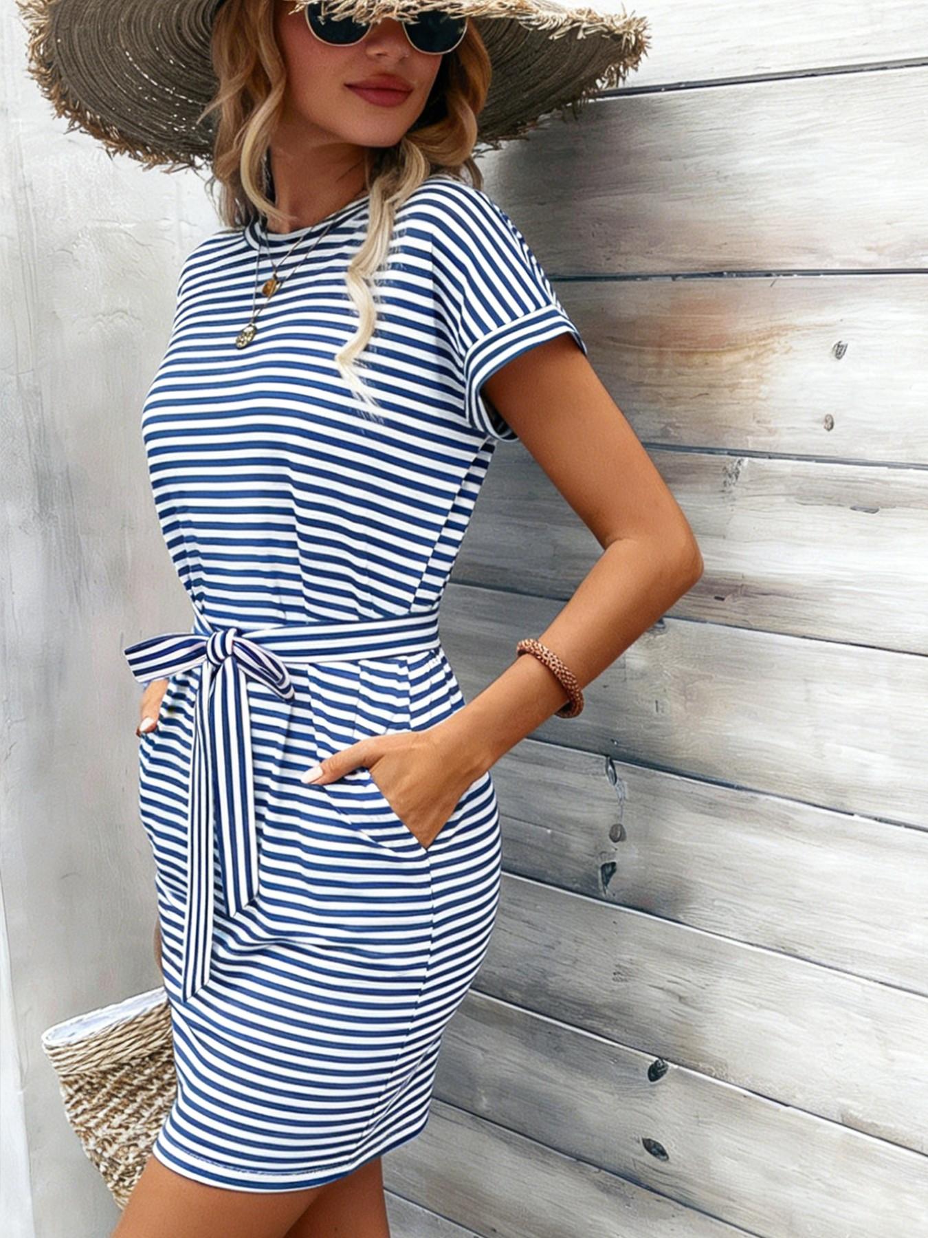 Women's Summer Dress with Belt, Pockets, Loose Fit, Soft Comfortable Fabric, Casual Style, Knee Length, Short Sleeve, Tie Front， Perfect For Daily Wear