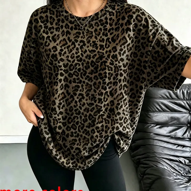 Y2K Women's American Wild Retro Leopard/Tree Pattern Full Print Loose Fit T-shirt, Fashionable Slimming and Skinny Knitted Short Sleeve, Round Neck Shoulder Oversized Version, Summer Daily Home Commuting, Dating, Vacation Dressing