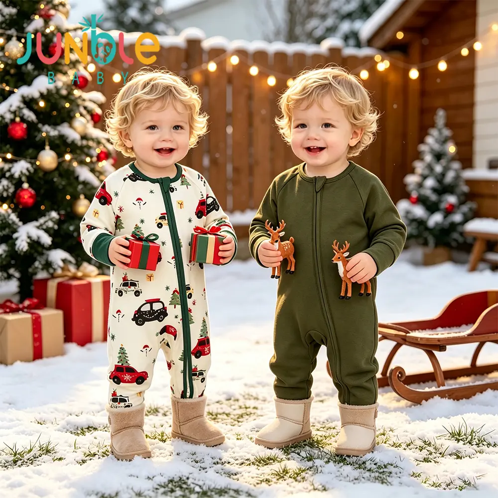 Junblebaby Bamboo Boys  Baby Zipper Romper Footies Pajamas,baby bamboo romper,bamboo pajamas，baby cute clothes, 0-24 Months, 2-Way Zipper, Fold-Over Mittens& Feet, Non-Slip Soles, Super Soft Fabric, Long/ShortSleeve, Autumn, Fall