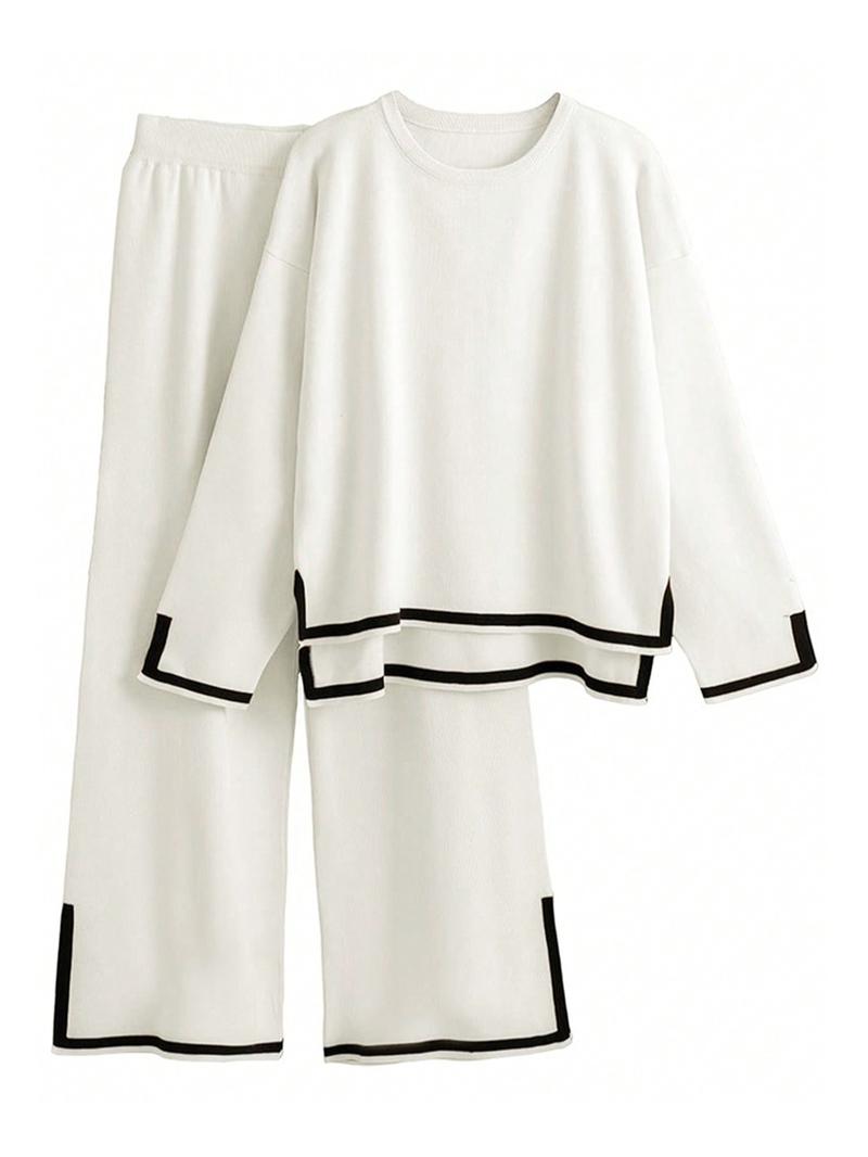 Fashion Casual Colorblock Knit Top and Pants Set, Round Neck Long Sleeve Sweater, Fall & Winter Fitted, Women's Clothing