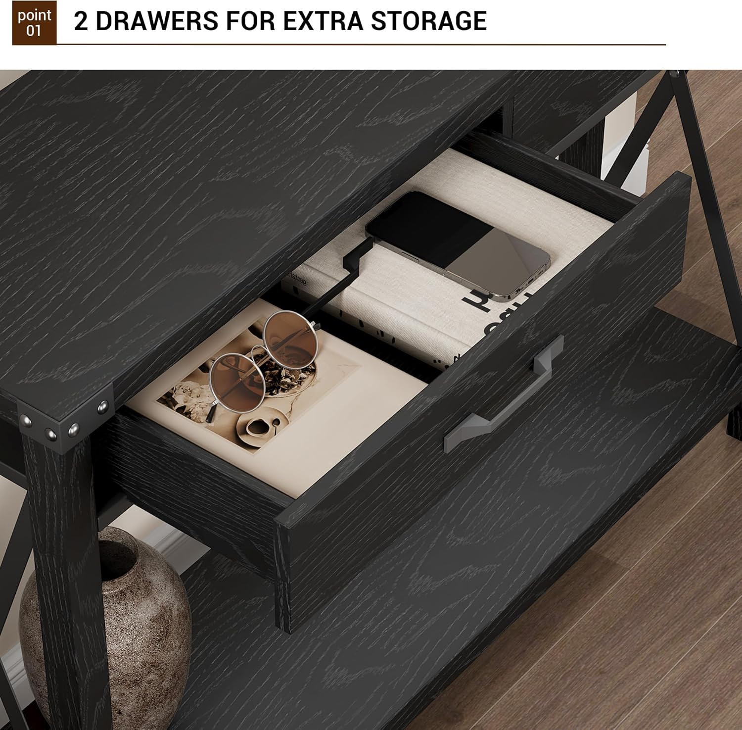 31" Industrial Console Table with Drawers and Open Shelf, 2-Tier Narrow Sofa Table for Entryway, Hallway, or Behind Couch, Rustic Grey Foyer Table for Living Room Storage