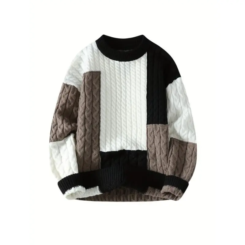 Mens Patchwork Color Block Vintage Cable Knitted Pullover Knit Jumper Casual Men's Wear