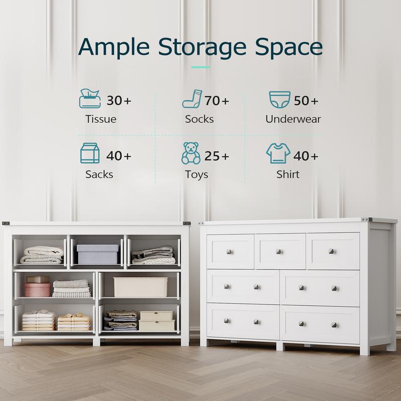 Bedroom Dresser，Farmhouse wooden drawer cabinet with 7 drawers, wide TV stand with metal handles for storage furniture, modern clothing organizer for hallway, living room, entrance, brown