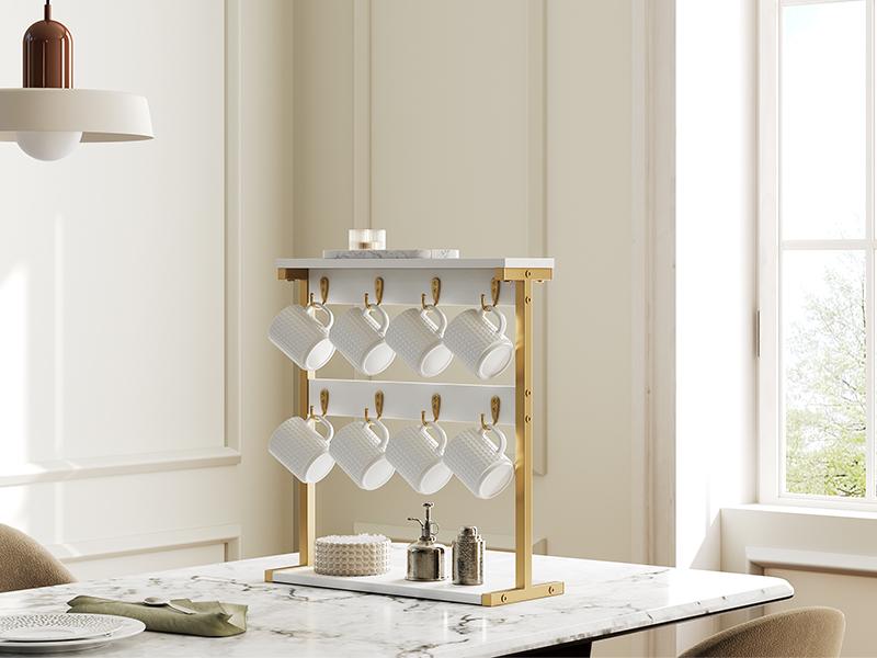 YATINEY Coffee Mug Holder for Counter, 2 Tier Mug Tree Rack, with 8 Hook and 2 Open Shelves, Vintage Mug Holder Stand for Home Kitchen, White and Gold #SpringSale #BigSpringSale