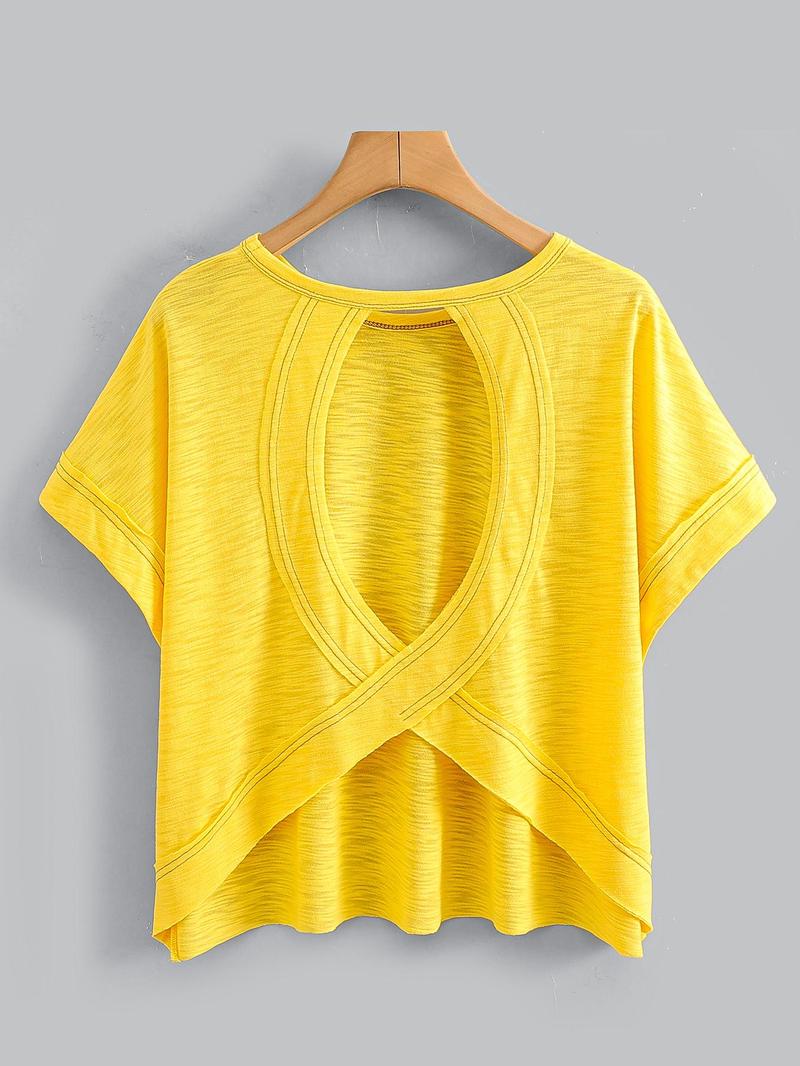 Women's Plain Cut-Out Asymmetrical Hem Batwing Sleeve Tee, Casual Short-Sleeve Round-Neck T-Shirt for Summer, Ladies' Clothing for Daily Wear