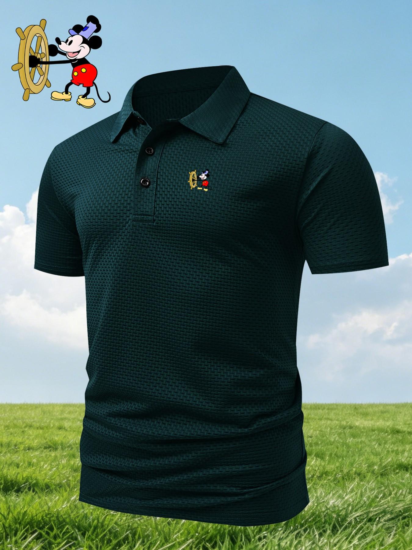 Men's Mickey Mouse Print Polo Shirt, Fitted Casual Geometric Pattern, Breathable Stretch Fabric, All-Season Comfortable Wear
