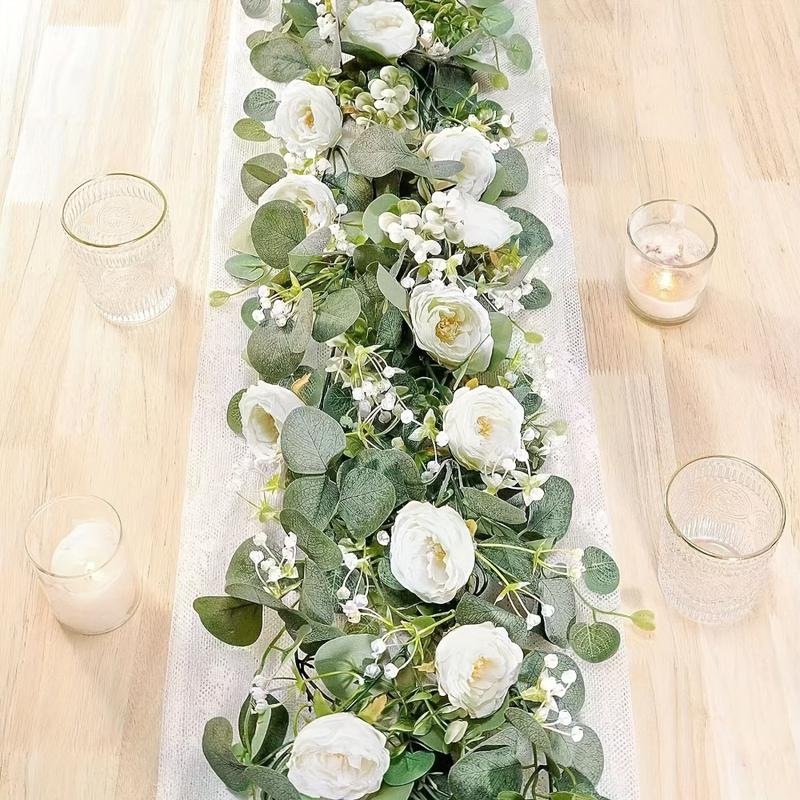 70-Inch Eucalyptus and Rose Garland, Plastic Flower Vine for Home Decor, Wedding, Engagement Table Decoration, Suitable for Various Room Types, Featherless Plastic Floral Vine, Ideal for Party Tables & Indoor Wall Backdrops, Artificial Eucalyptus Garland