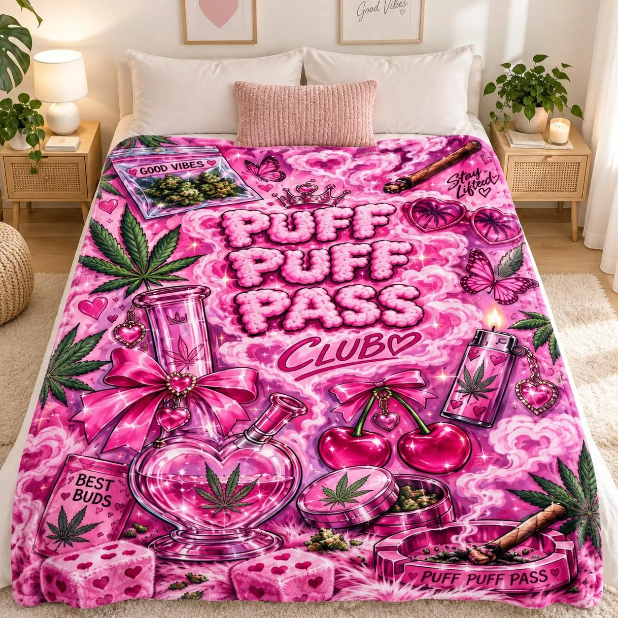 Puff Puff Pass 420 Weed Flannel Blanket, Pink Cannabis Leaf Stoner Throw for Bed Sofa, Good Vibes Dorm Room Decor Gift