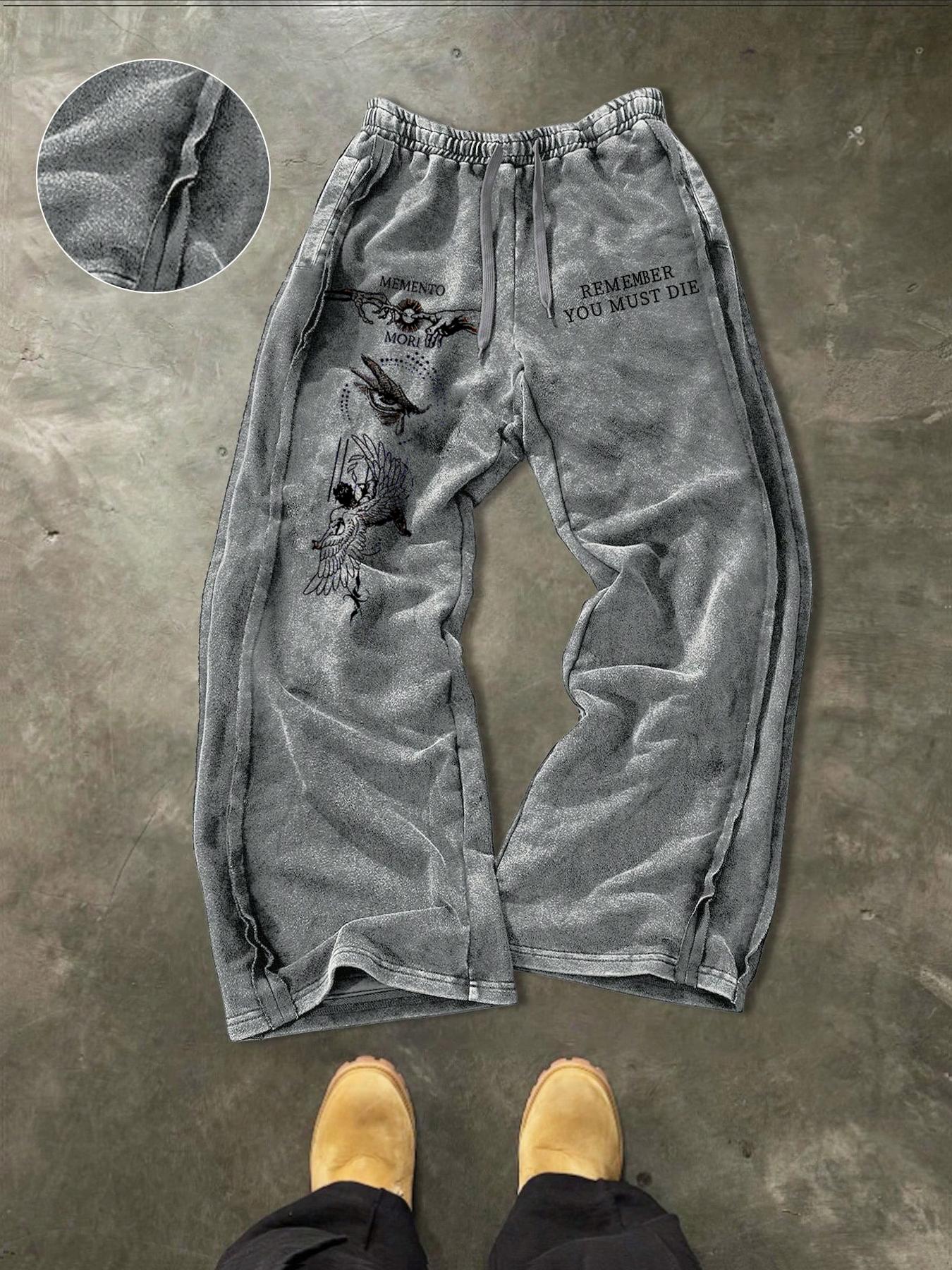 Men's Absorbent Cotton Straight Leg Pants, Menento Mori Graphic Letter Print, Casual Fitted H-Type, Elastic Waist, Fall & Winter